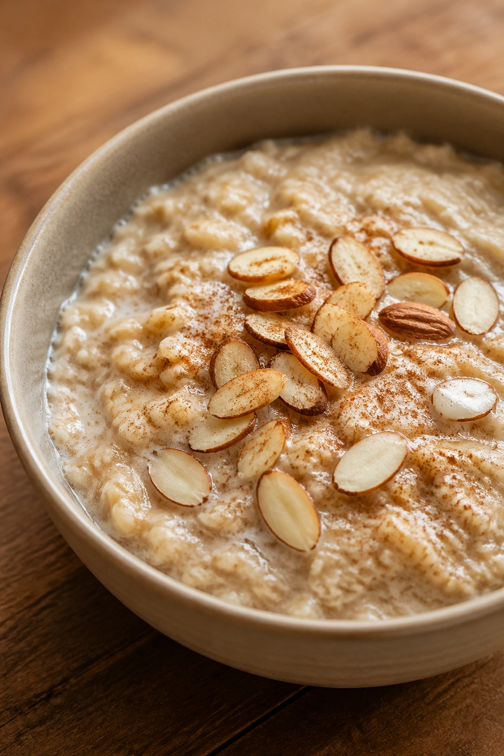 Bowl of warm oatmeal with milk and almonds.