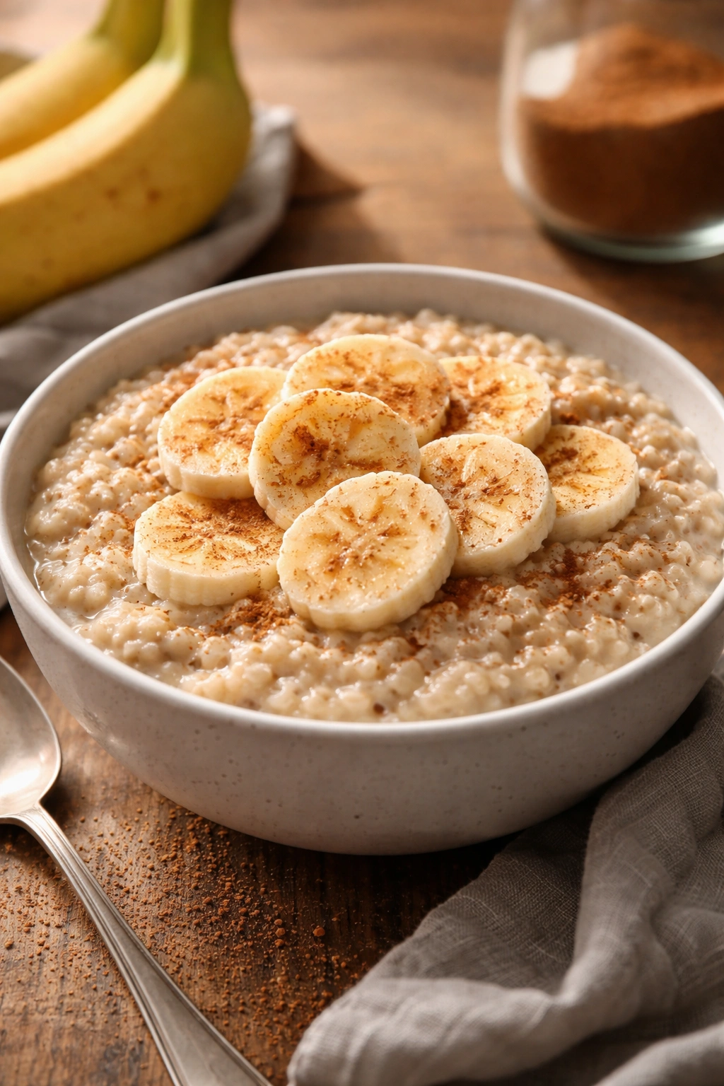 Creamy oatmeal with sliced banana and cinnamon in a bowl on a wooden table.