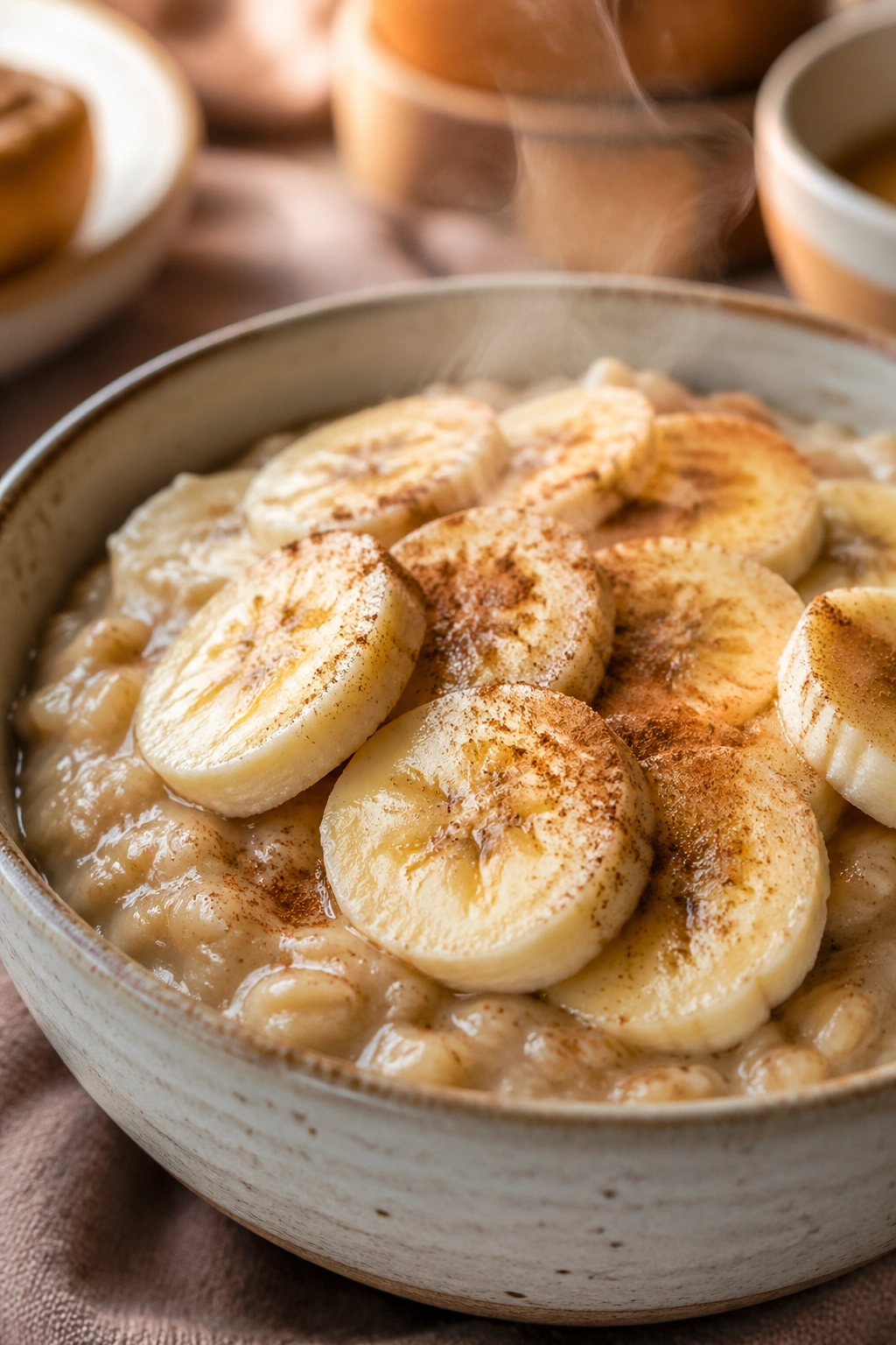 Oatmeal bowl with banana slices and cinnamon