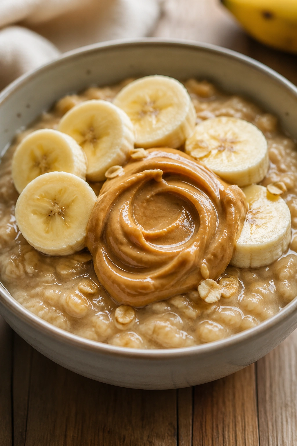 Close-up of oatmeal with banana and peanut butter in a bowl on a wooden table, morning light