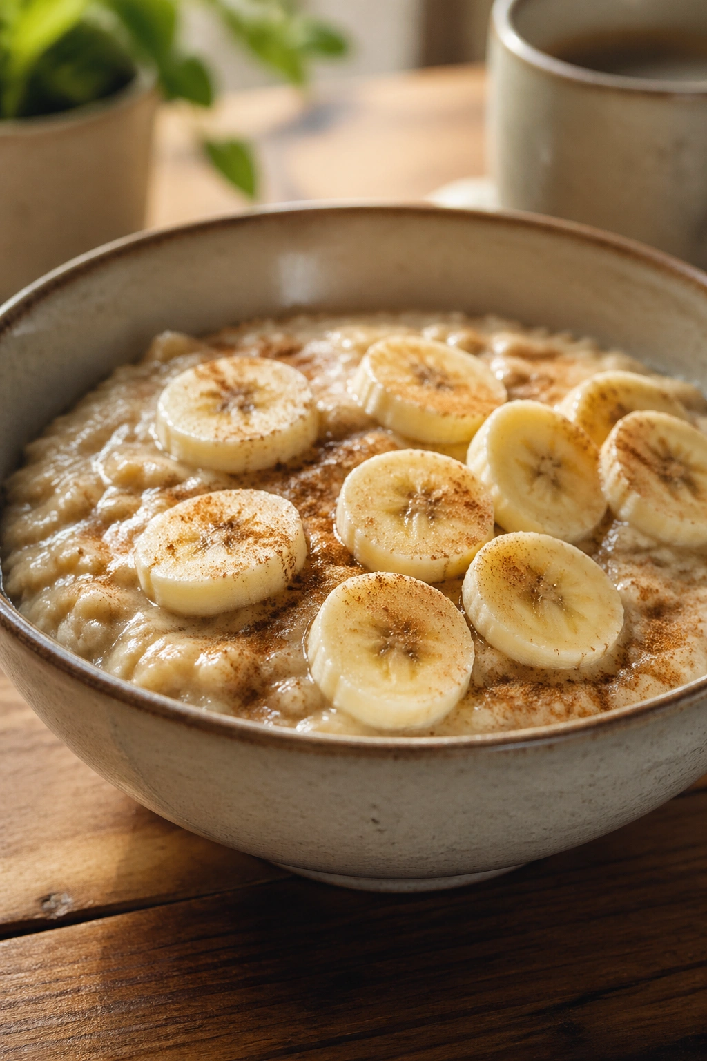 Close-up bowl of oatmeal with banana slices and cinnamon in a cozy kitchen.
