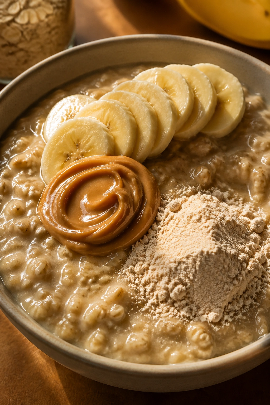 Creamy gluten-free oatmeal with banana slices and protein topping