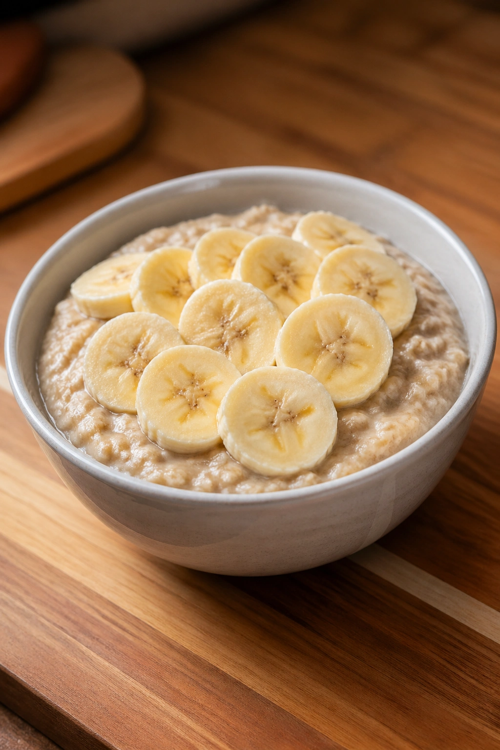 Close-up of plain oatmeal with banana slices in a bowl on a wooden surface.