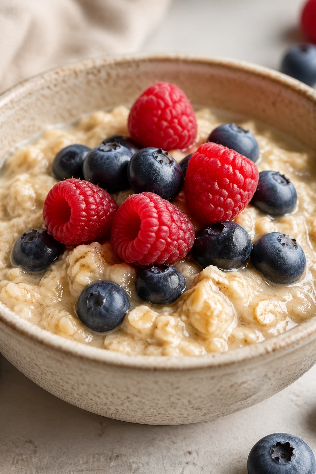 Bowl of oatmeal with berries on a kitchen counter