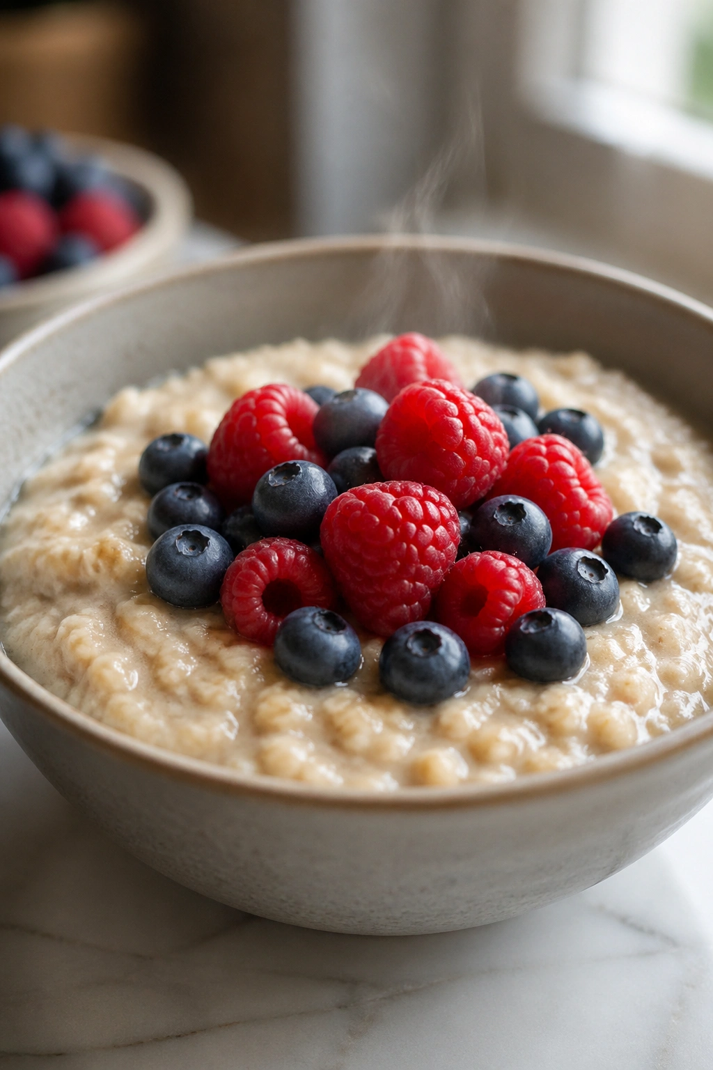 Bowl of oatmeal with berries in a bright kitchen