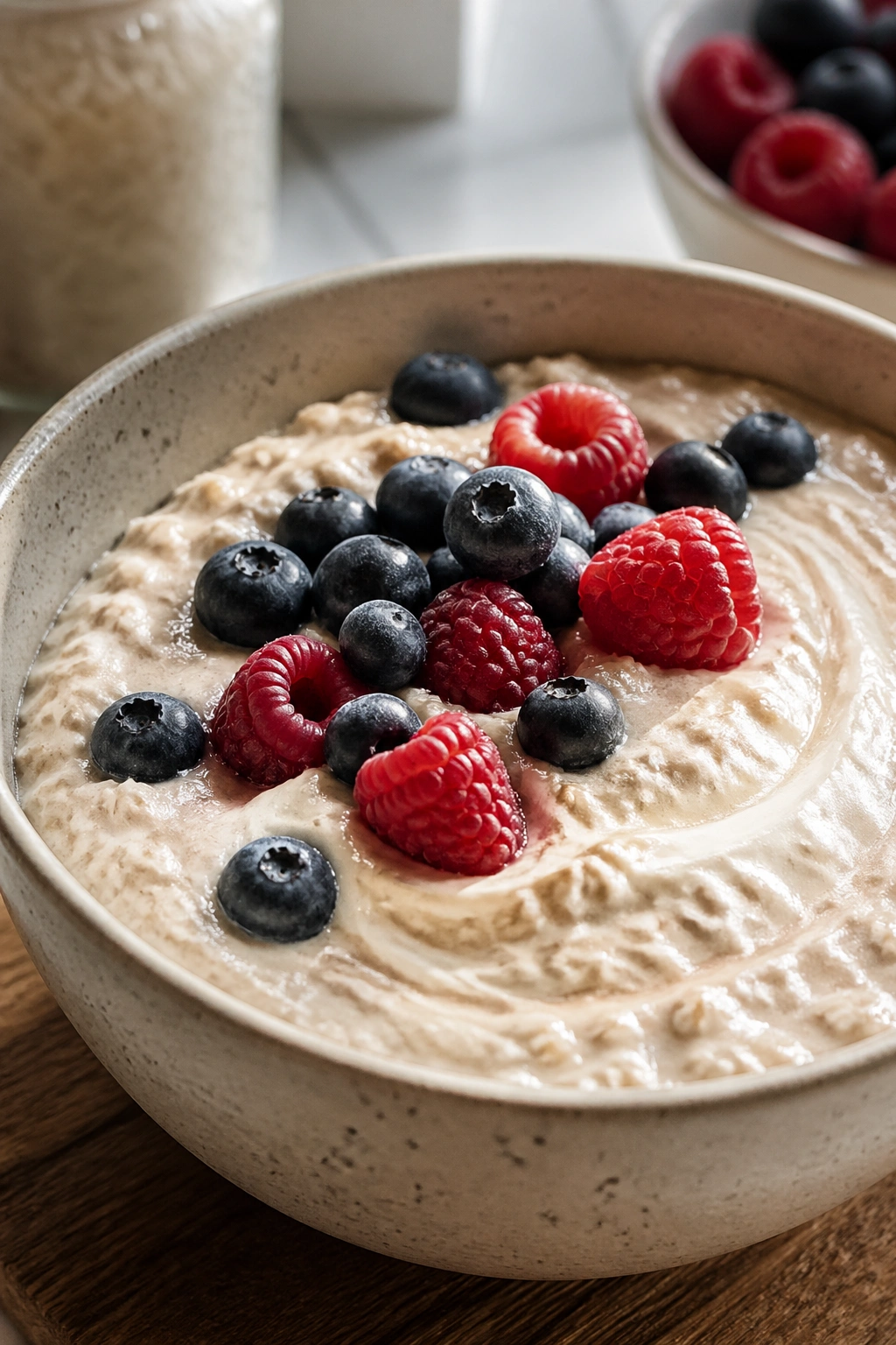 Creamy oatmeal with berries and whey in a bowl on a kitchen counter