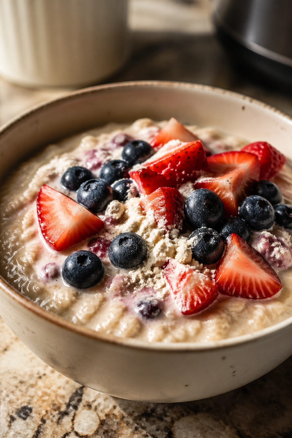 Bowl of oatmeal with berries and whey before workout