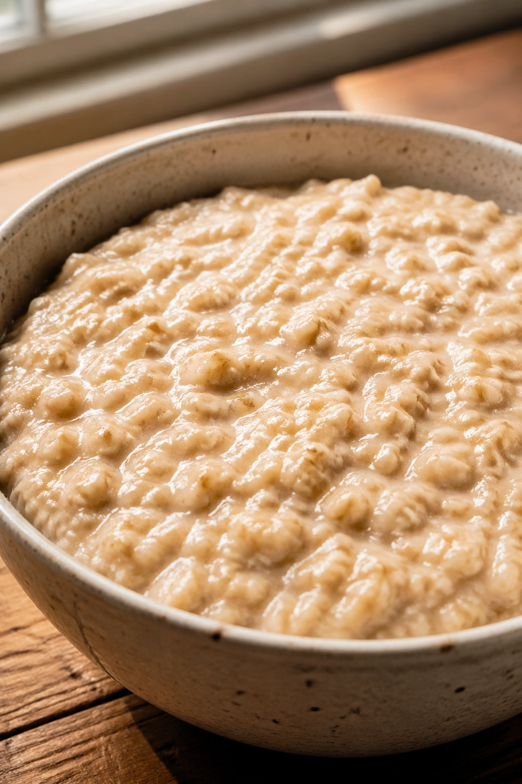 Close-up of plain oatmeal in a bowl on a wooden kitchen counter