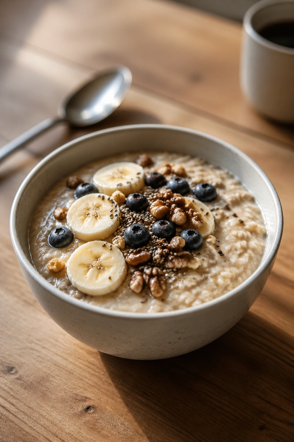 Close-up of a bowl of oatmeal as a stomach-friendly preworkout option
