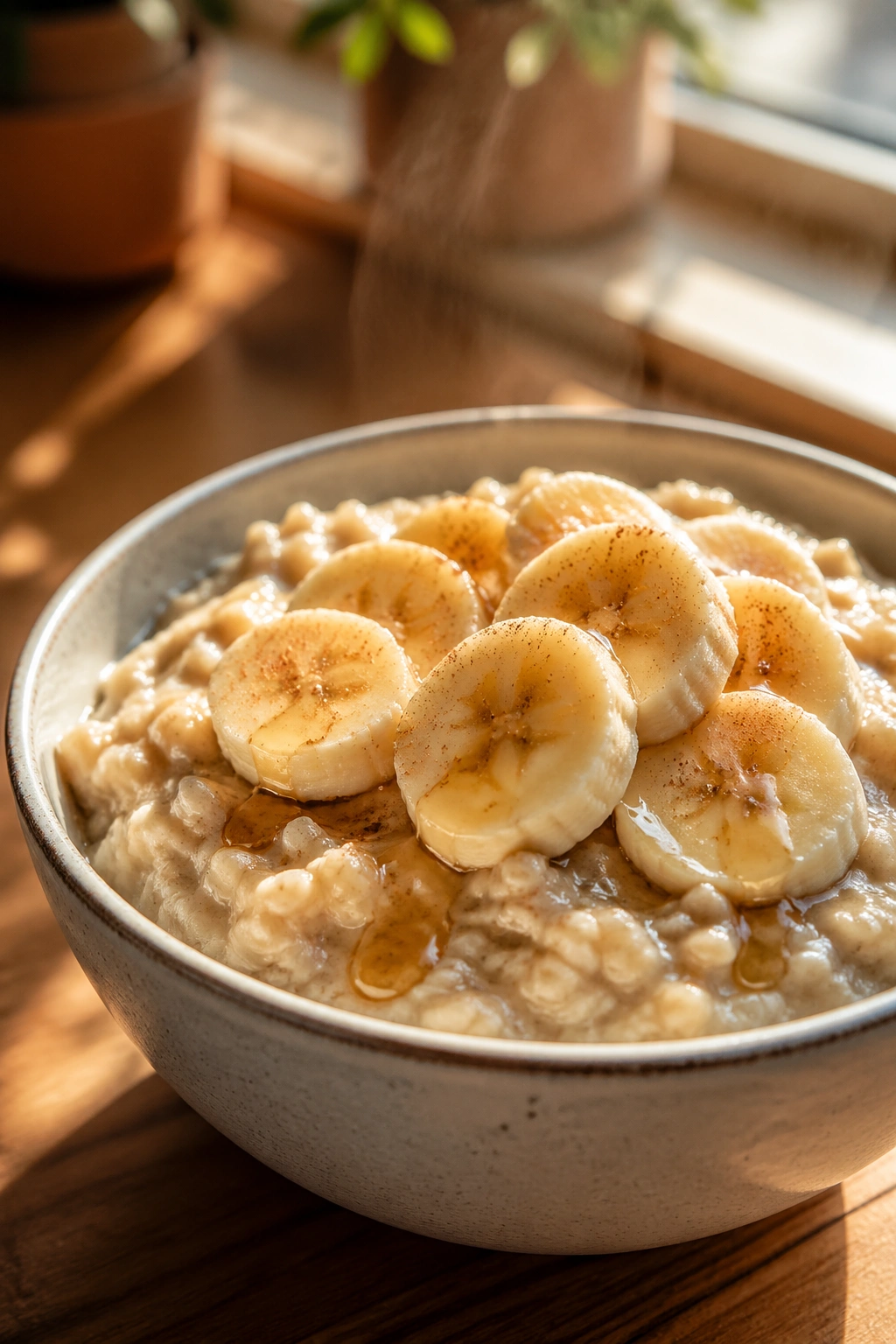 Close-up of oatmeal bowl with banana slices and honey on a wooden counter in morning light