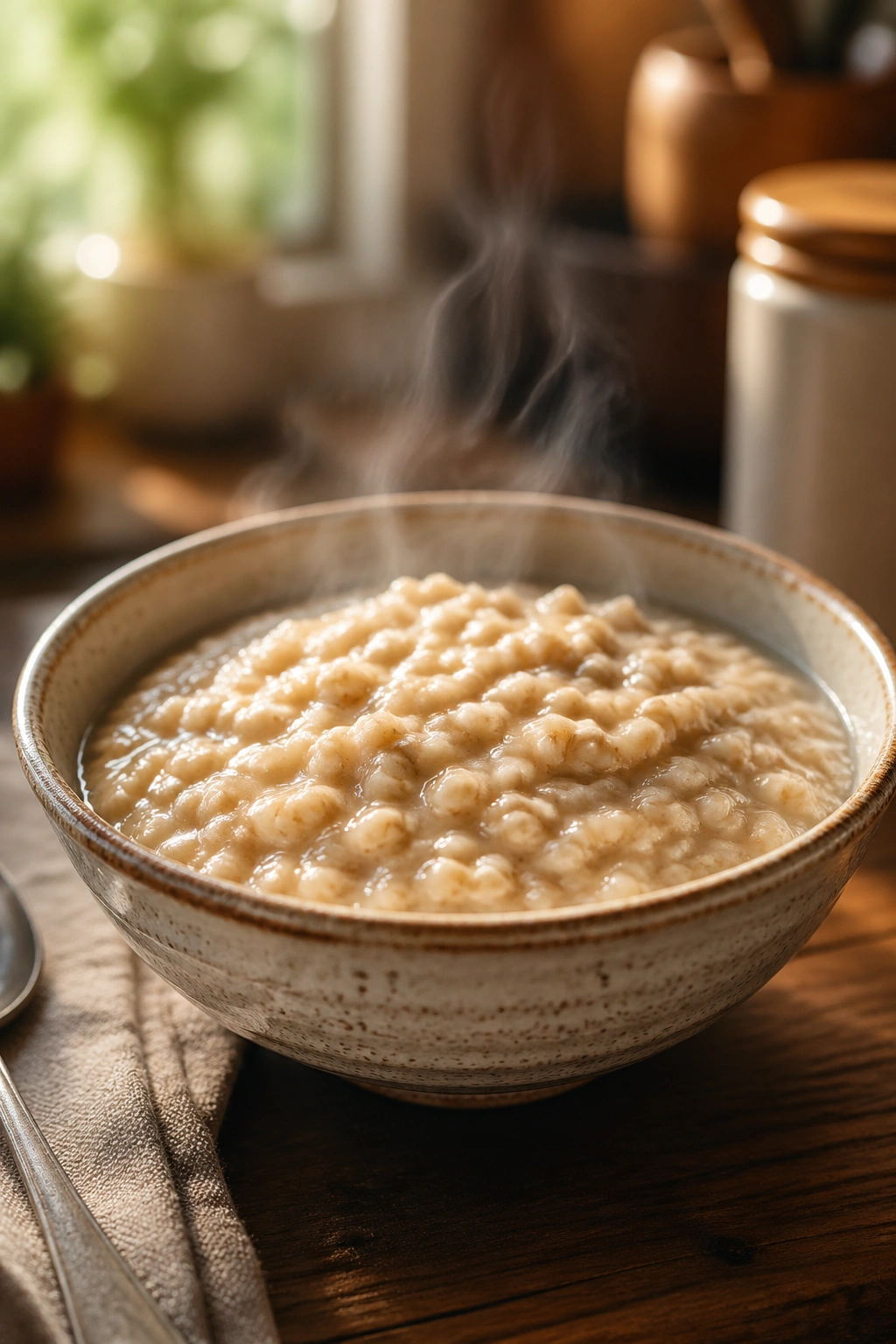 Close-up of steaming oatmeal in a bowl on a rustic table