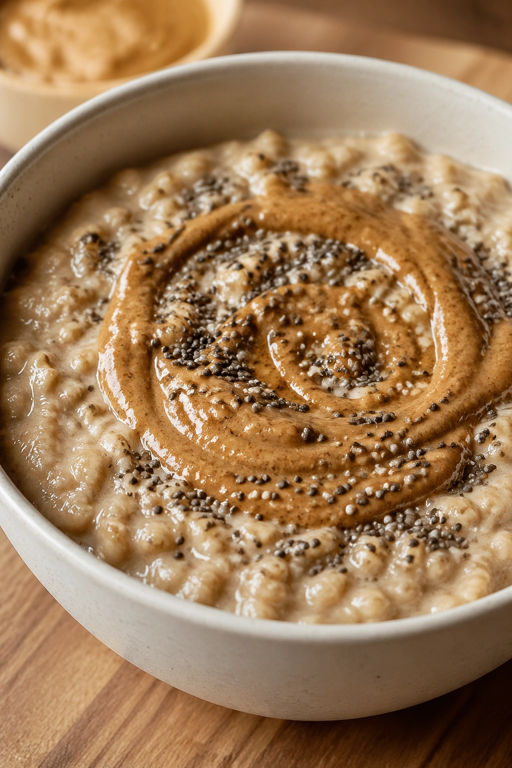 Close-up bowl of oatmeal with chia seeds and almond butter swirl
