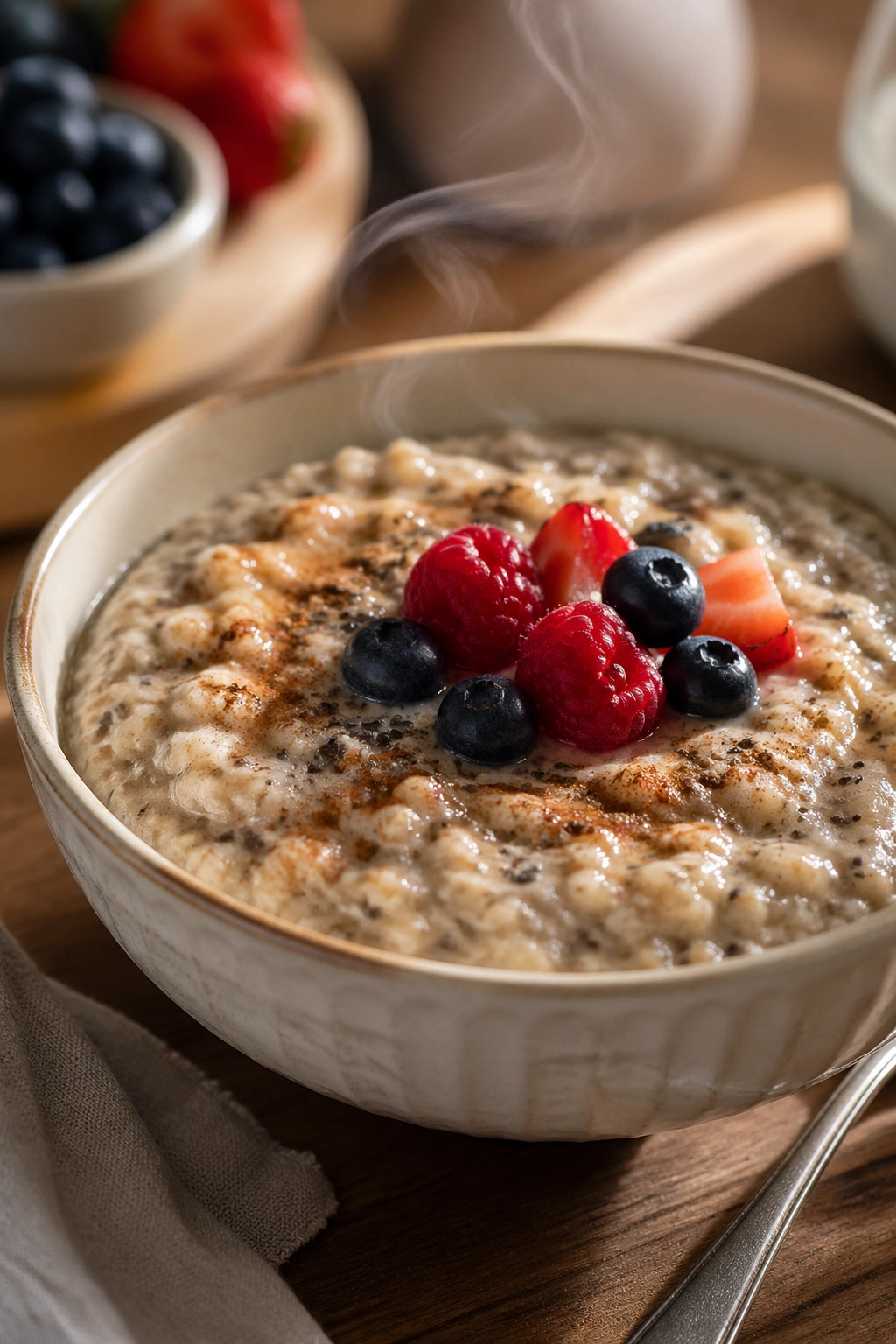 Thick oatmeal with chia and berries in a bowl.