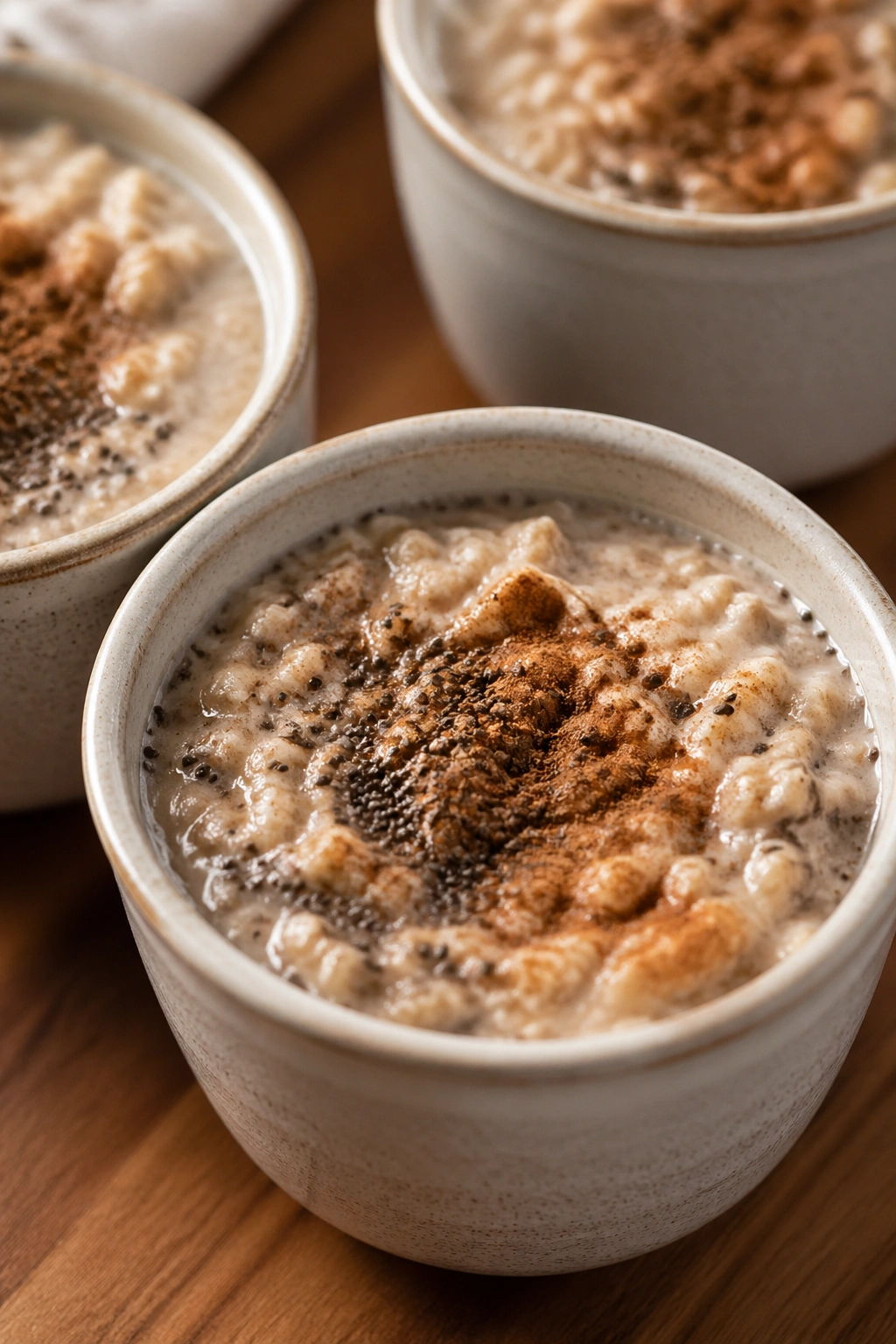 Oatmeal with chia and cinnamon in cups