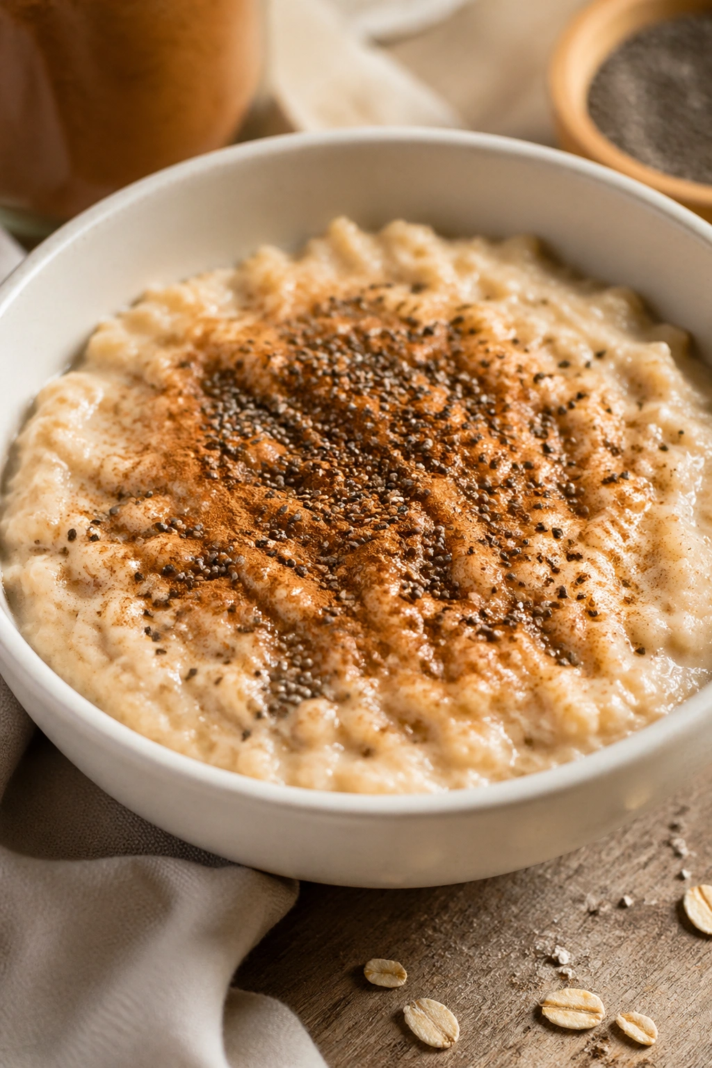 Bowl of oatmeal topped with cinnamon and chia seeds on a rustic counter