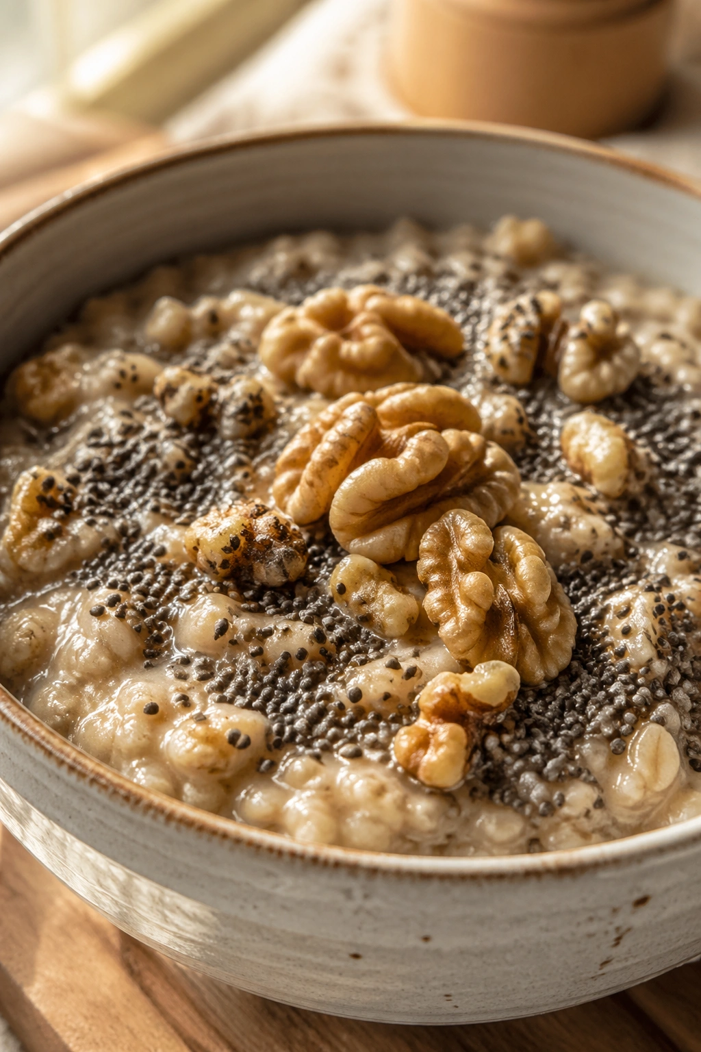 Oatmeal with chia seeds and walnuts in a bowl