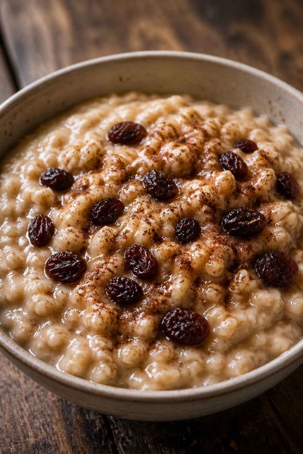Close-up of oatmeal with cinnamon and raisins in a bowl on a rustic table.