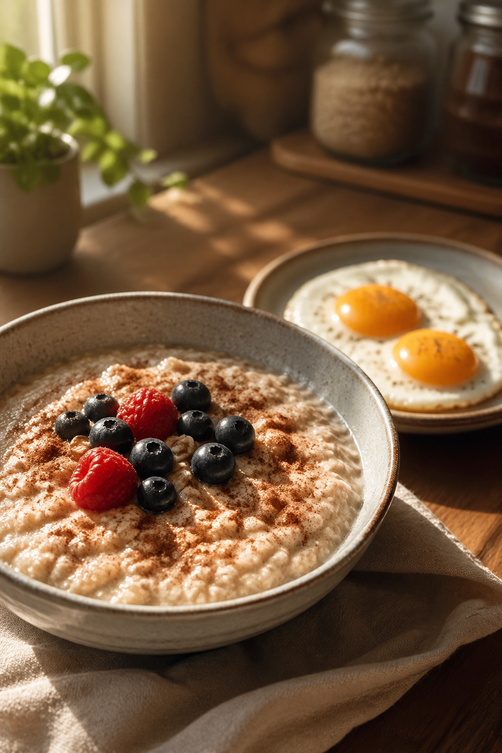Oatmeal with berries and eggs in a sunlit kitchen