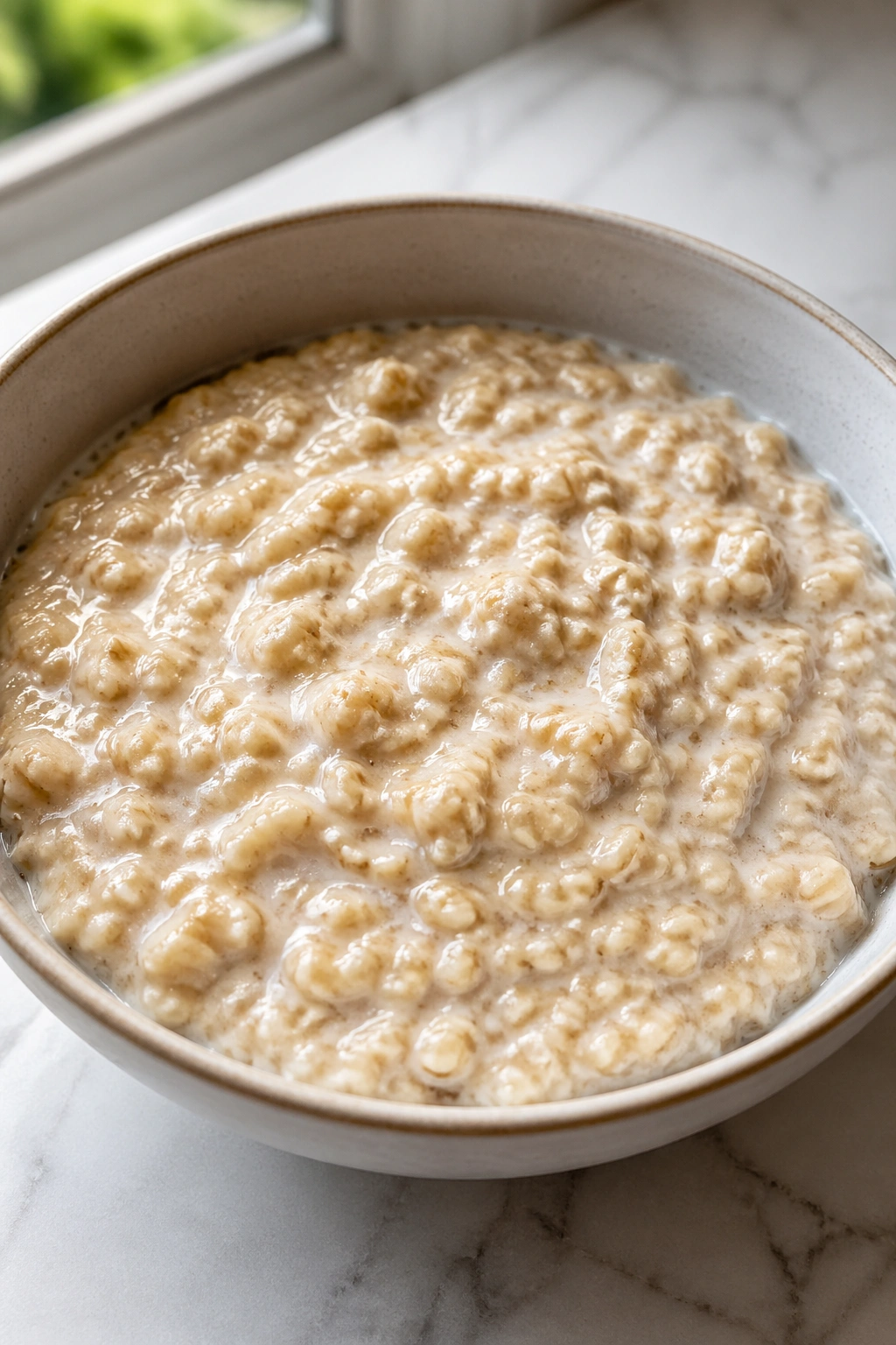 Close-up of a bowl of oatmeal filling the frame on a kitchen counter