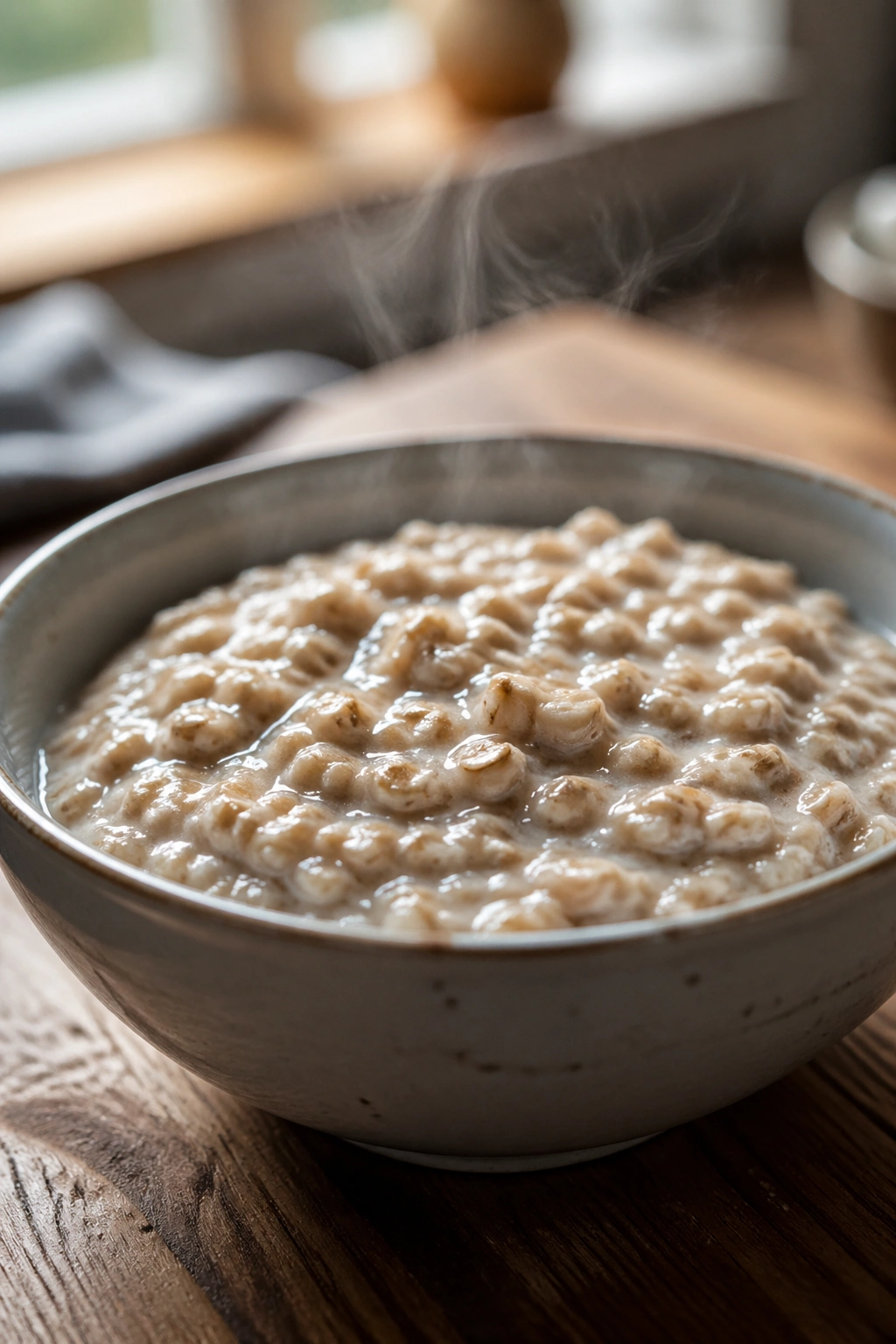 Steaming bowl of oatmeal on a wooden table