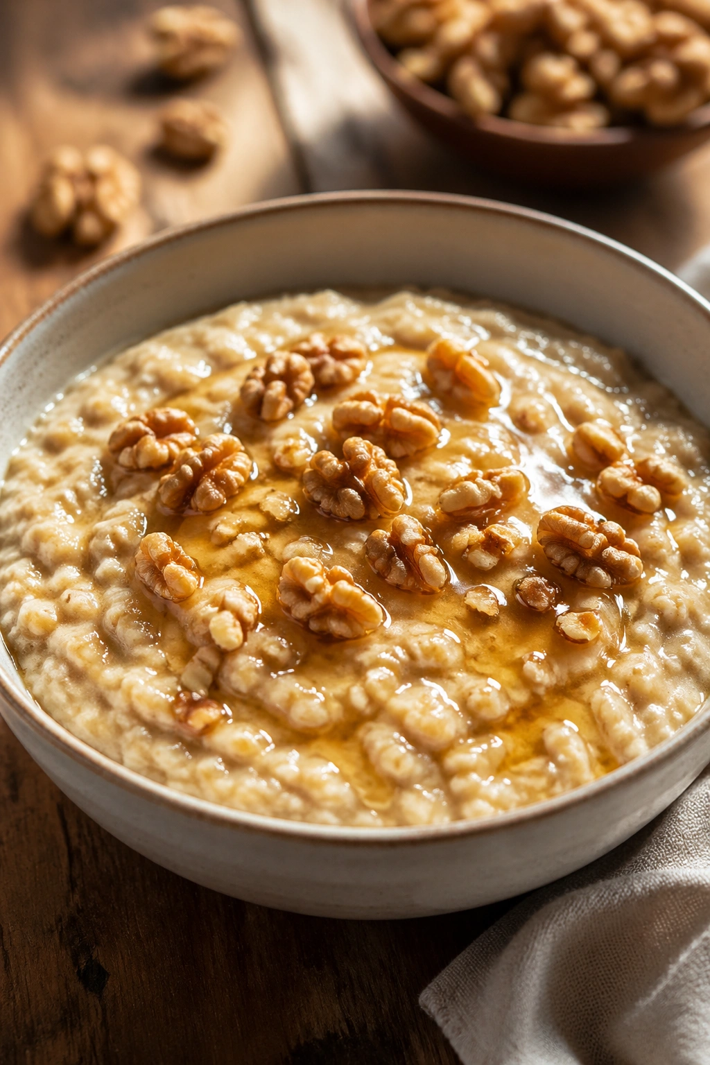 Bowl of oatmeal with honey and walnuts for post-workout recovery.