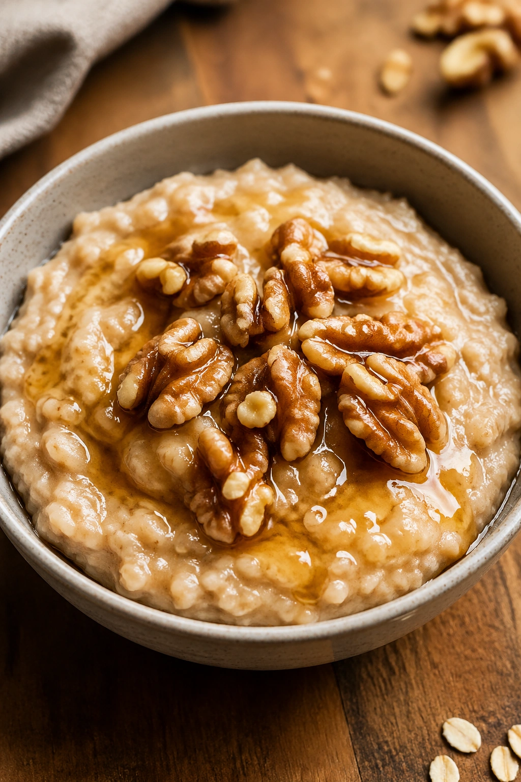 Close-up of a bowl of oatmeal with honey and walnuts on a wooden counter