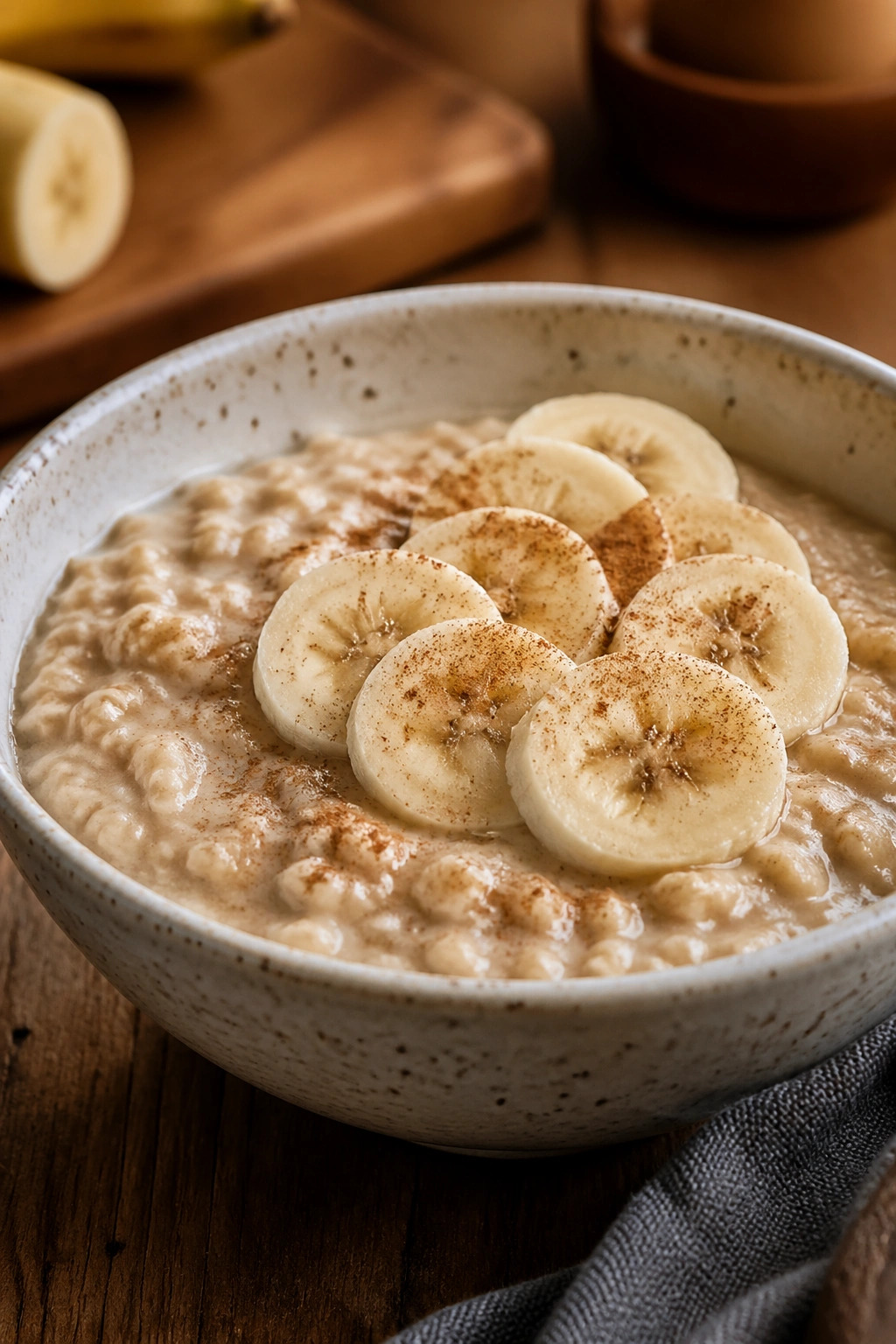 Close-up bowl of oatmeal with banana and cinnamon