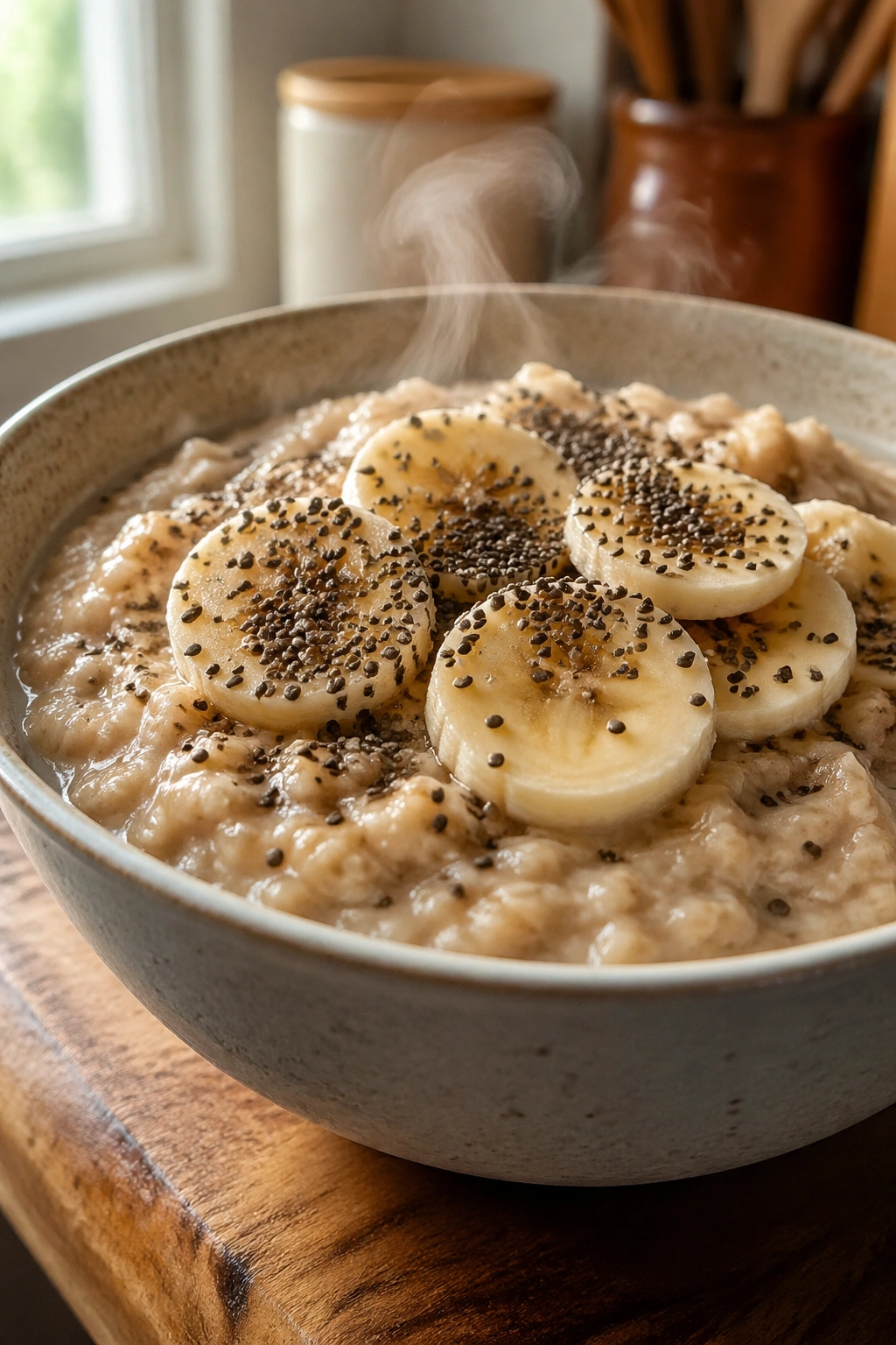 Close-up bowl of oatmeal with banana slices and chia seeds on a wooden counter