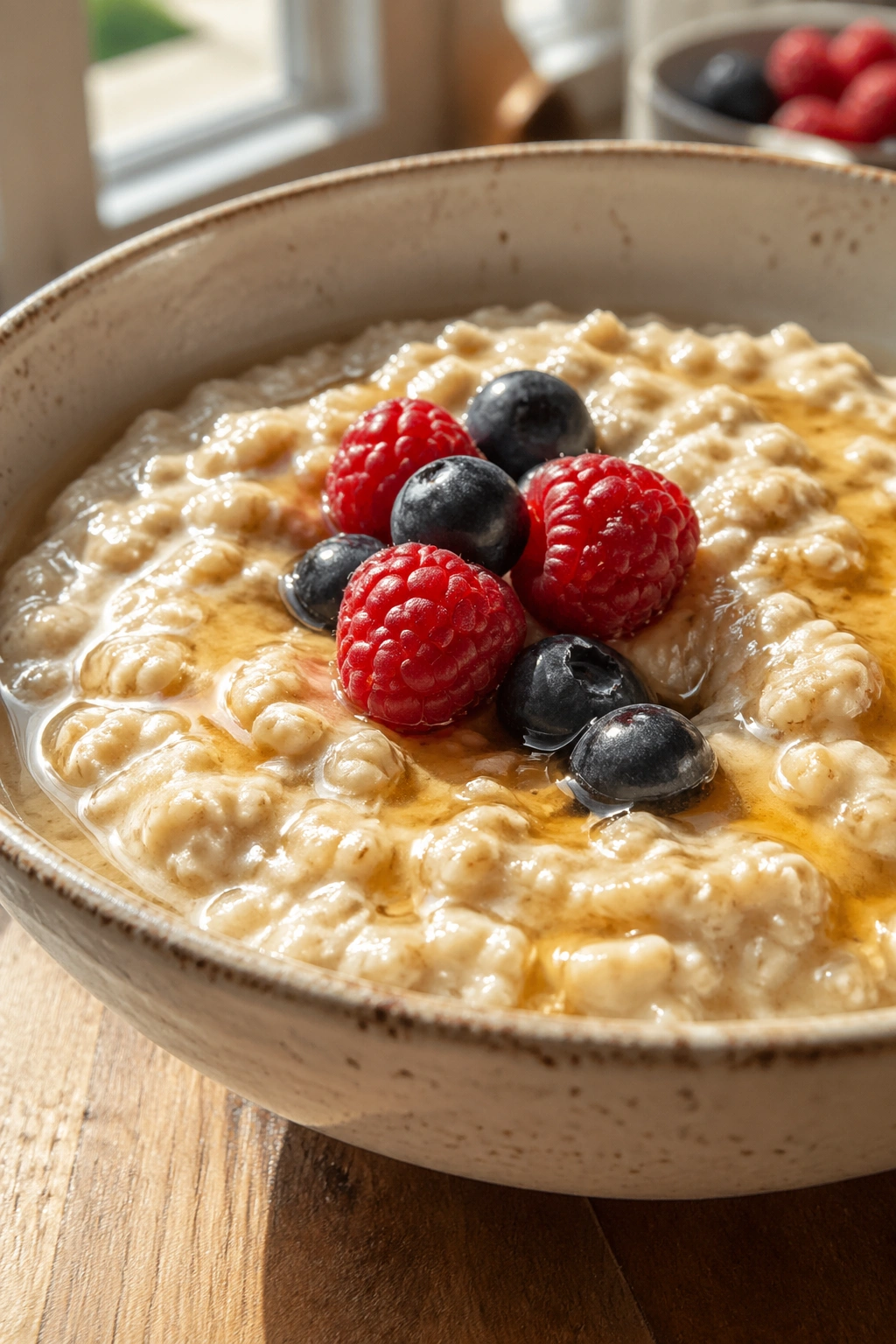 Creamy oatmeal in a bowl filling the frame with honey drizzle and berries in a sunlit kitchen