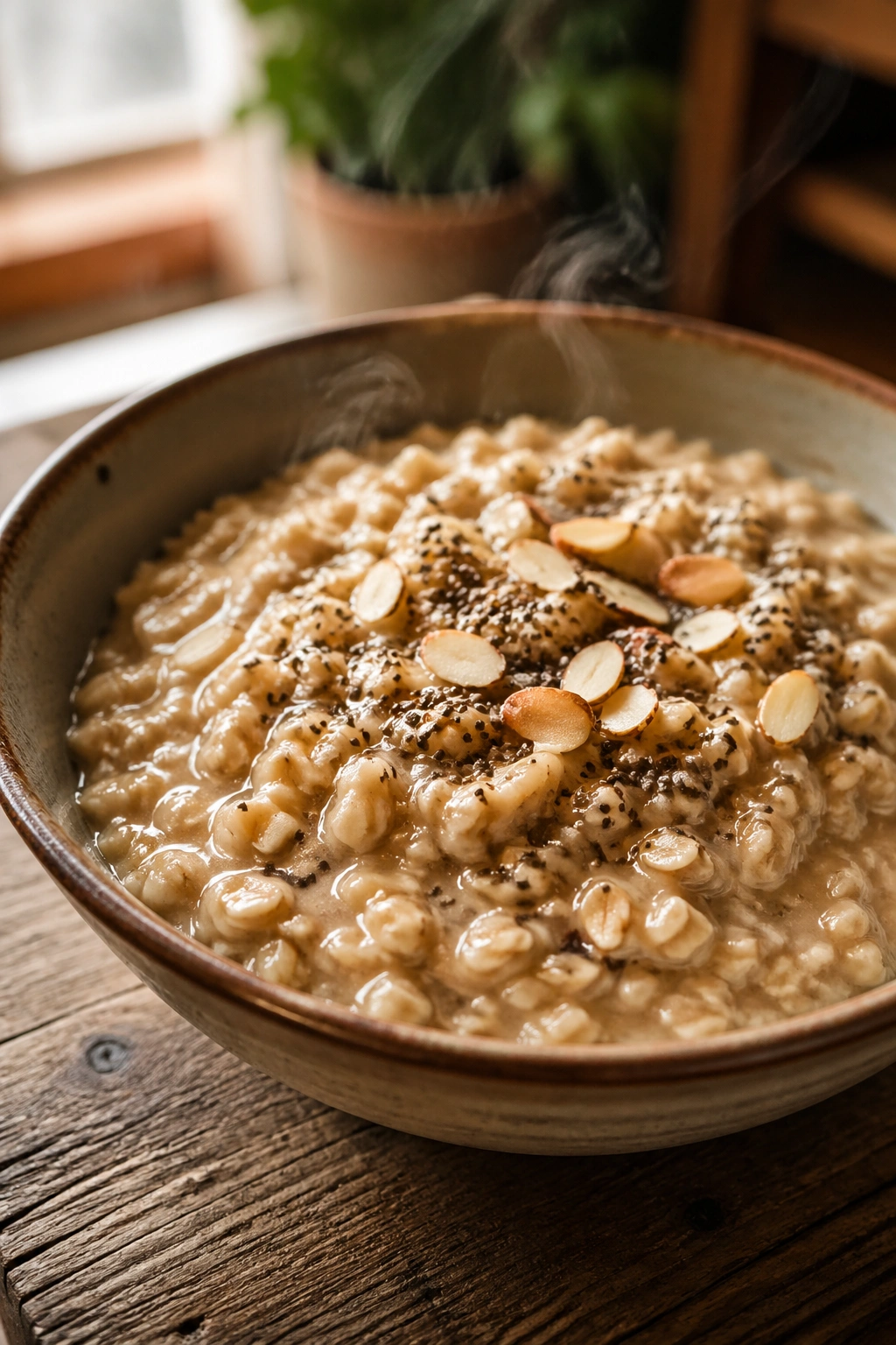 Bowl of warm oatmeal on a rustic wooden table with soft natural light