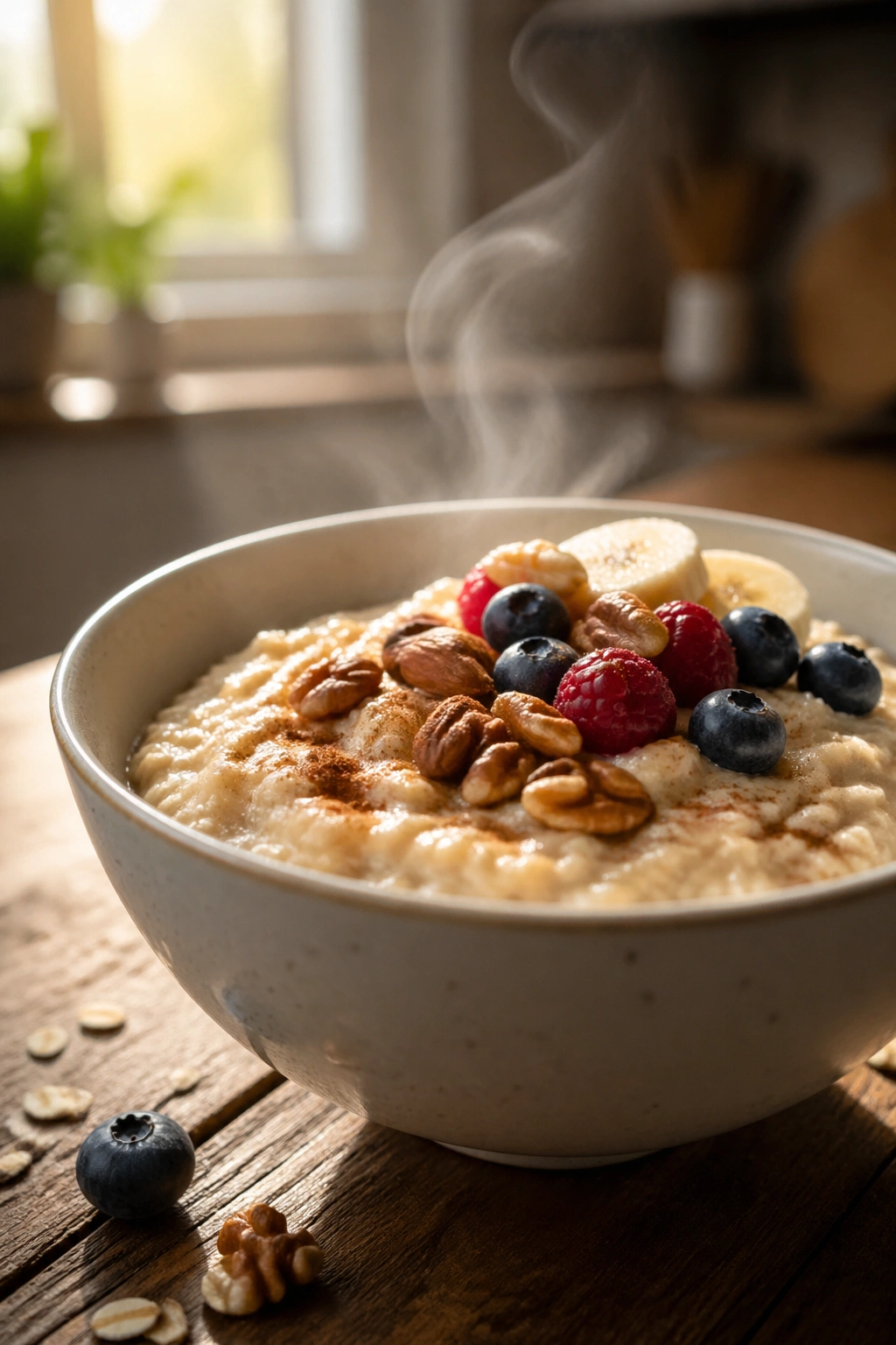 Close-up of oatmeal bowl designed for 30-90 minute pre-workout timing in a sunlit kitchen