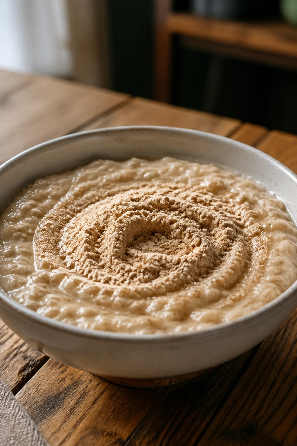 Close-up of oatmeal with protein powder stirred in