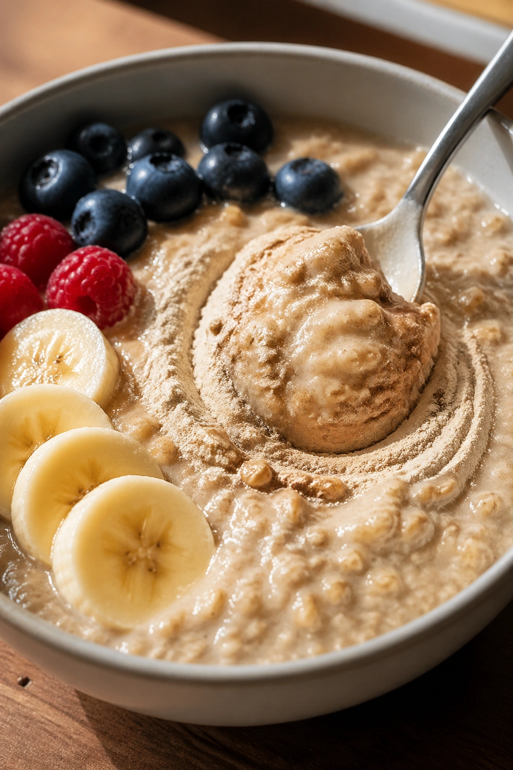 Oatmeal with protein powder being stirred in a bowl