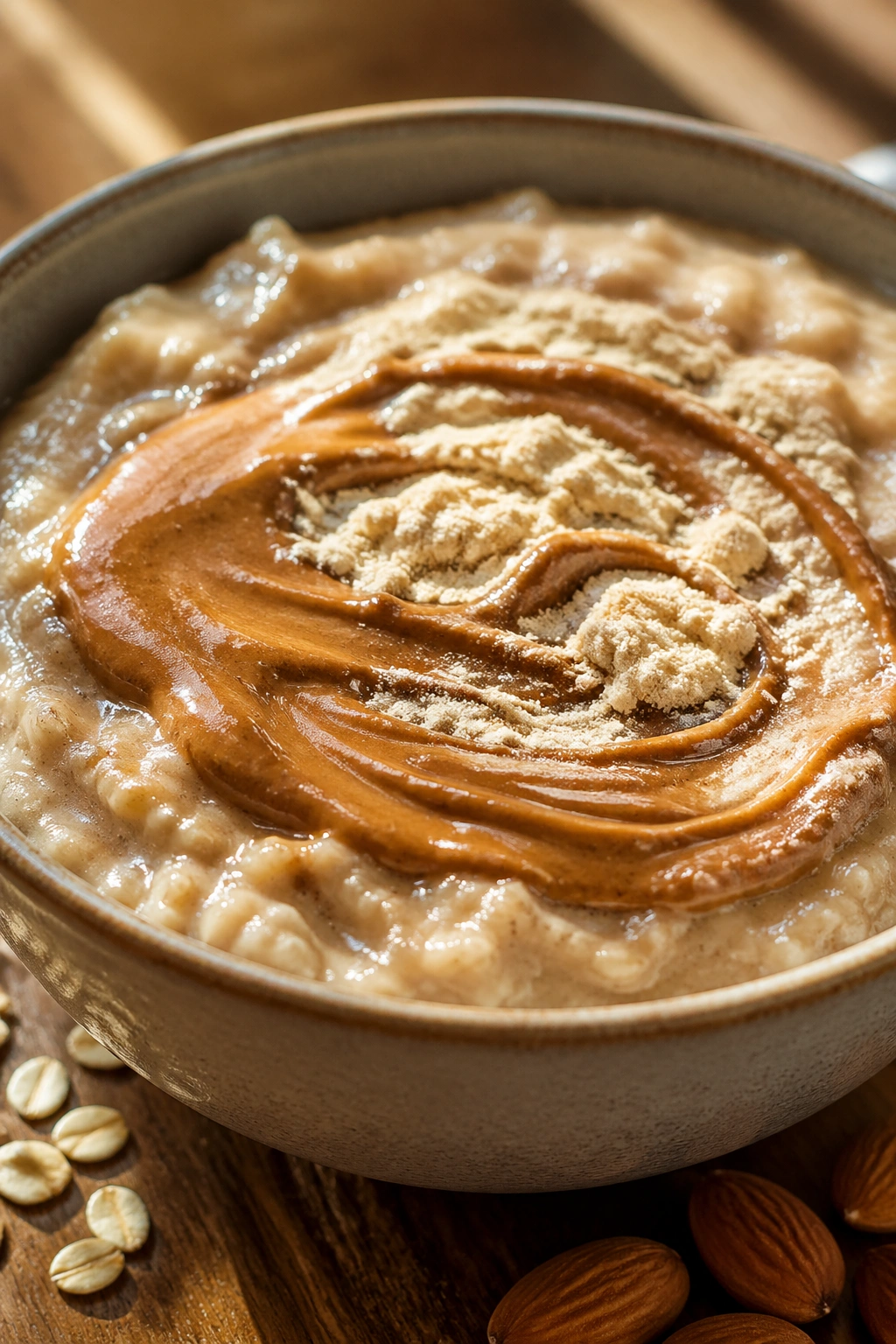 Close-up of oatmeal with almond butter and protein powder in a bowl on a wooden counter
