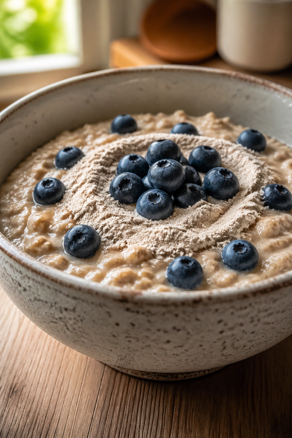 Close-up of oatmeal with blueberries and protein powder in a bowl