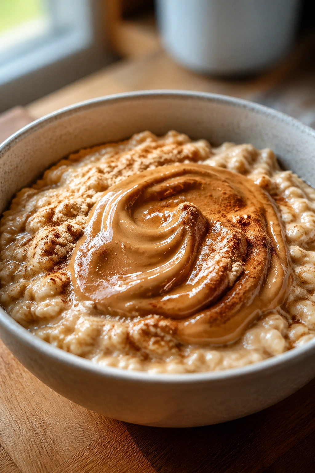 Close-up of oatmeal with peanut butter swirl and protein powder in a bowl