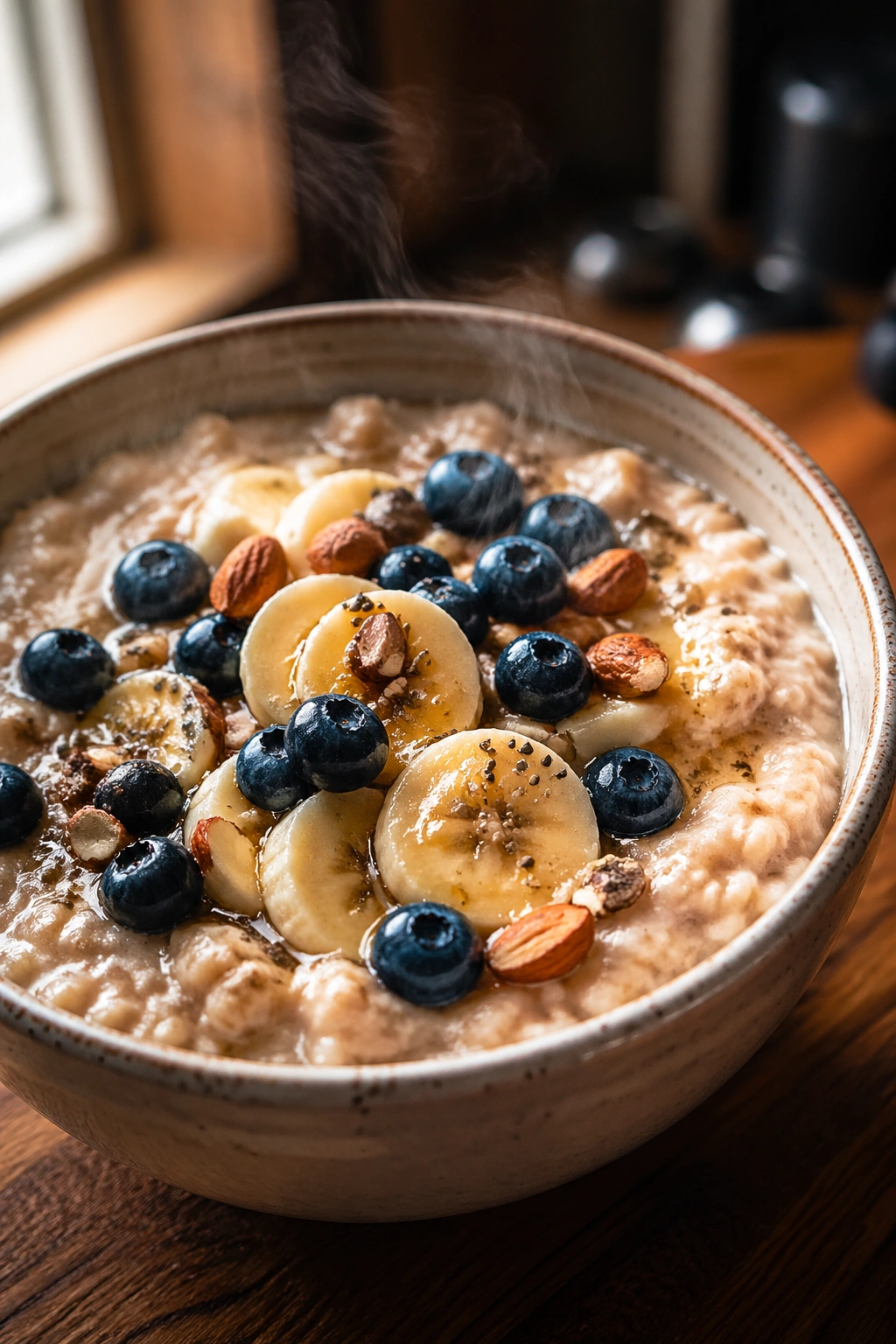 Close-up of a creamy bowl of oatmeal on a wooden counter with warm light