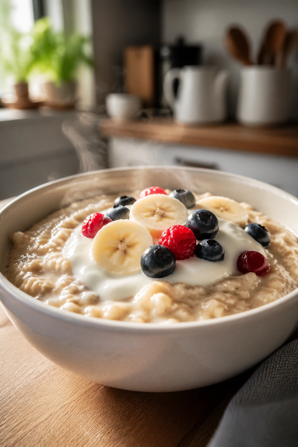 Oatmeal bowl with yogurt and fruit in a bright kitchen, post-workout recovery