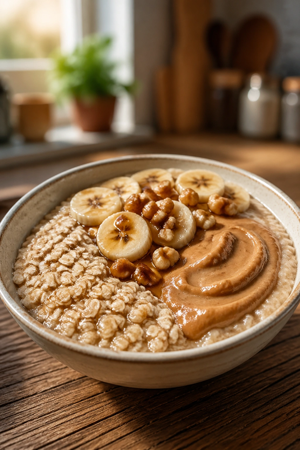 Oatmeal bowl showing base, main fuel, and protein elements in a cozy kitchen