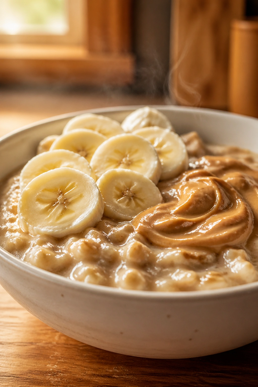Close-up of oatmeal with whey, banana, and peanut butter in a bowl on a kitchen counter