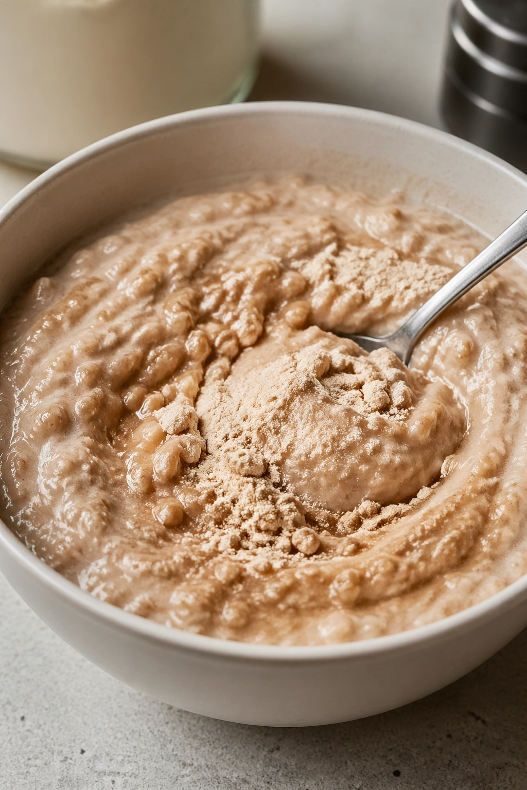 Close-up of oatmeal with whey protein in a bowl