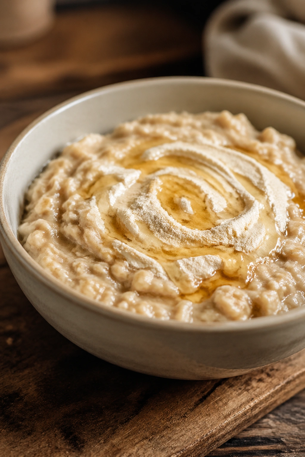 Bowl of oatmeal with whey protein swirl on a wooden table