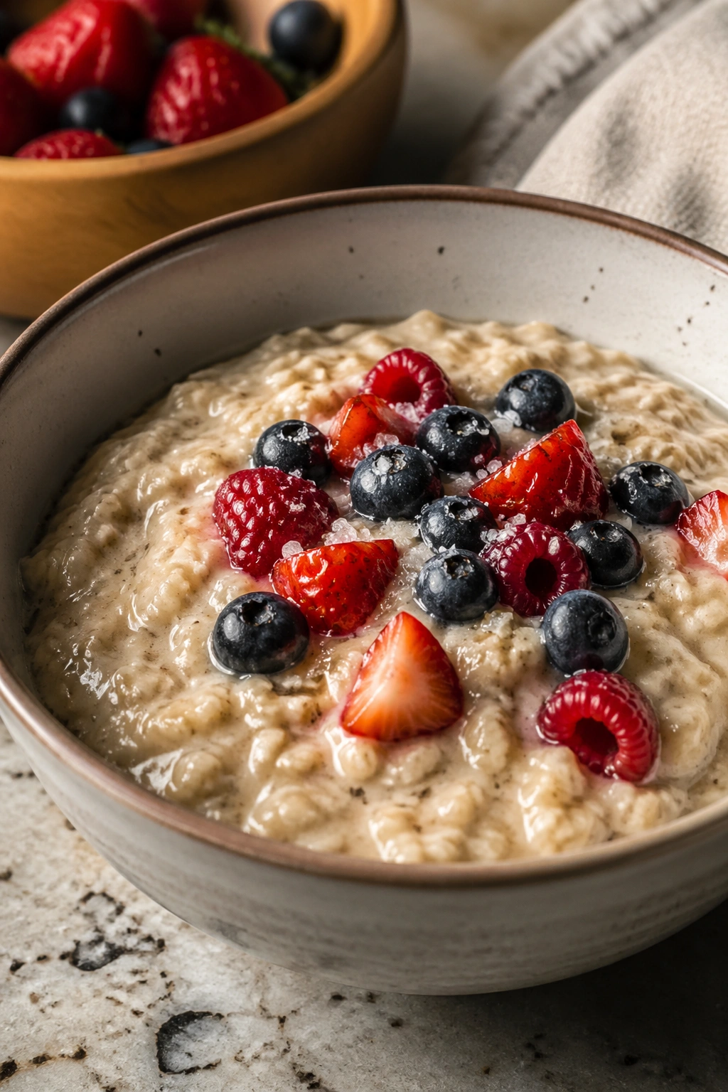 Oatmeal with whey protein in a bowl with berries