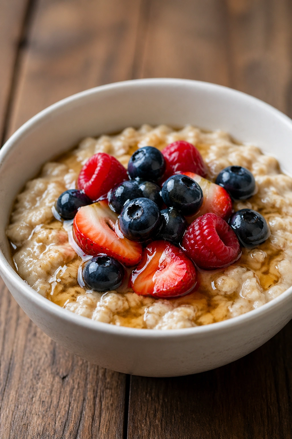Oatmeal bowl with berries and maple syrup on a wooden surface