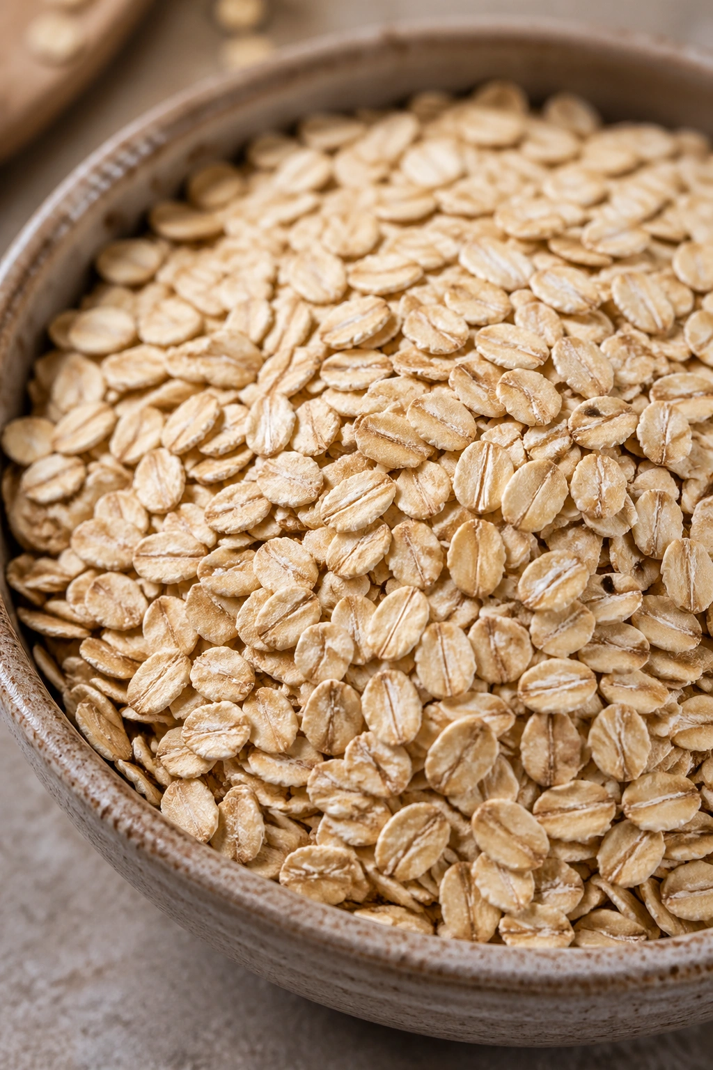 Bowl of oats filling the frame in a kitchen