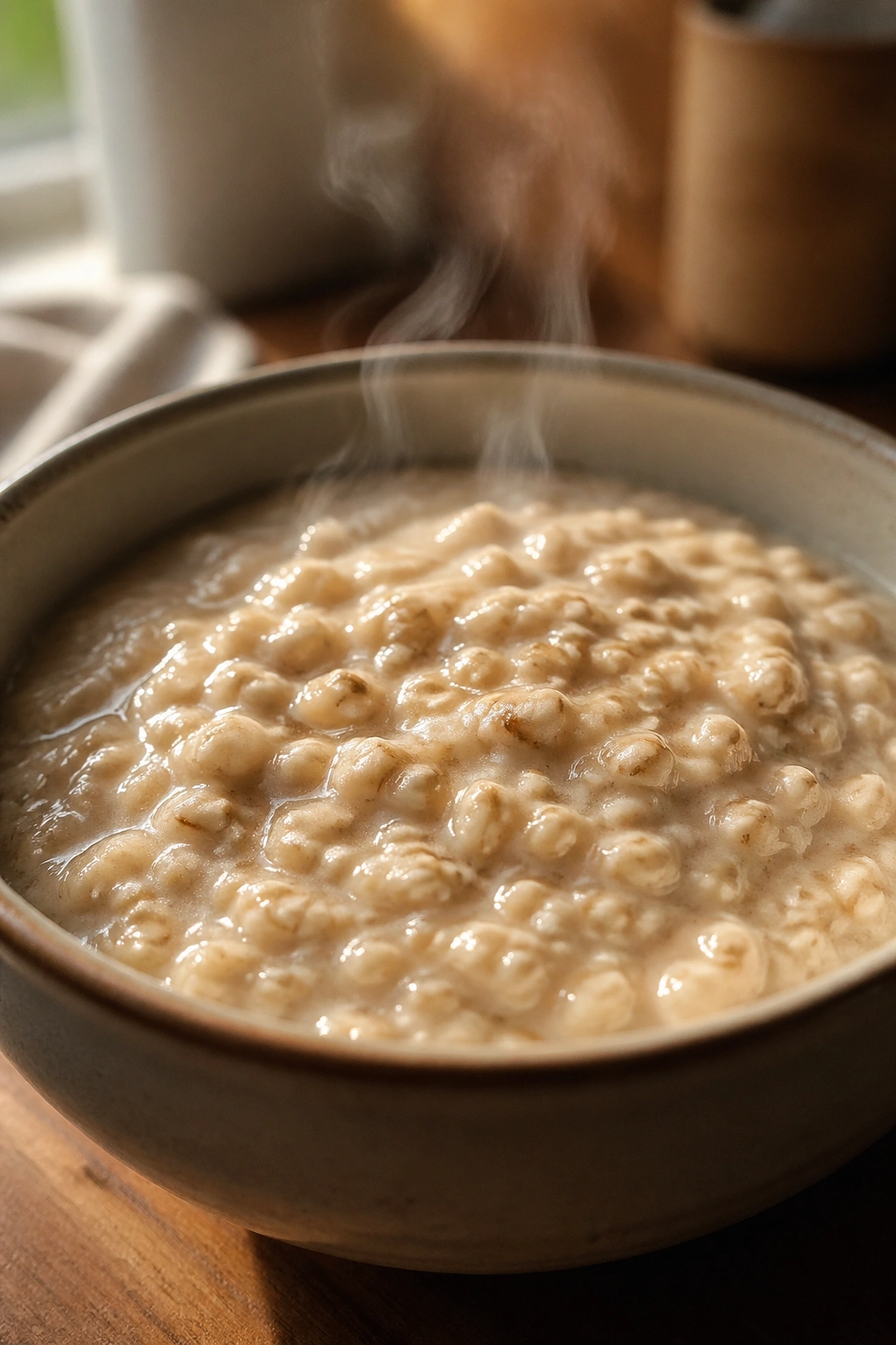 Close-up of a bowl of creamy oatmeal with steam on a wooden counter.