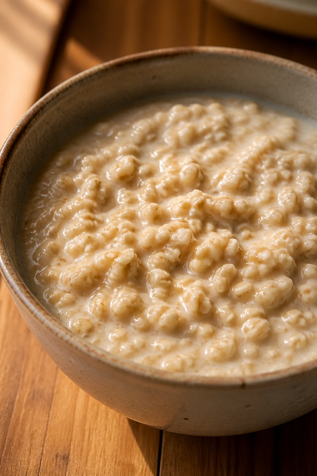 Close-up of a bowl of oatmeal filling the frame on a wooden table
