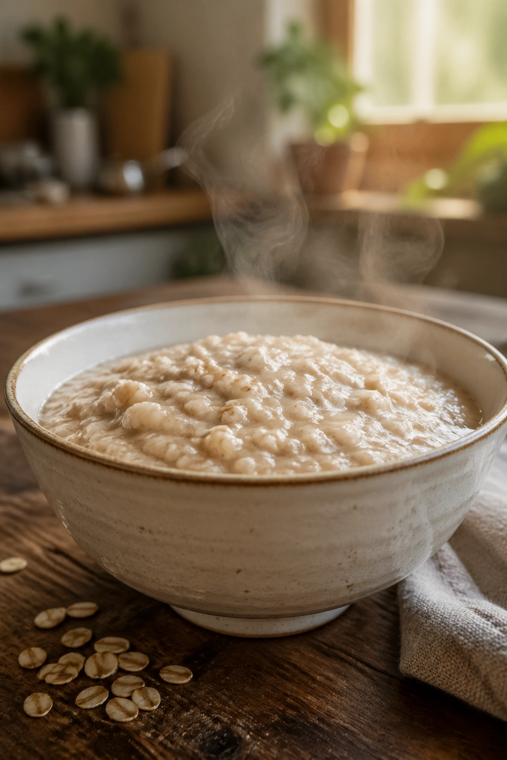 Close-up of a steaming bowl of oats on a rustic wooden counter