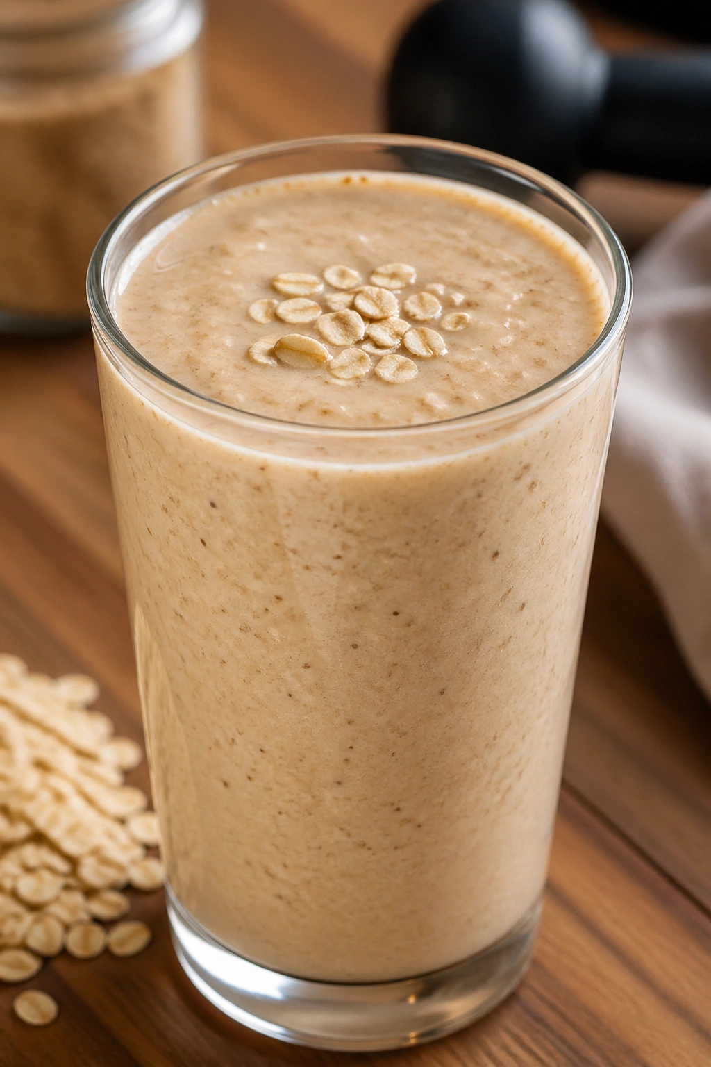 Beige oatmeal cookie-flavored smoothie in a glass on a wooden kitchen counter.