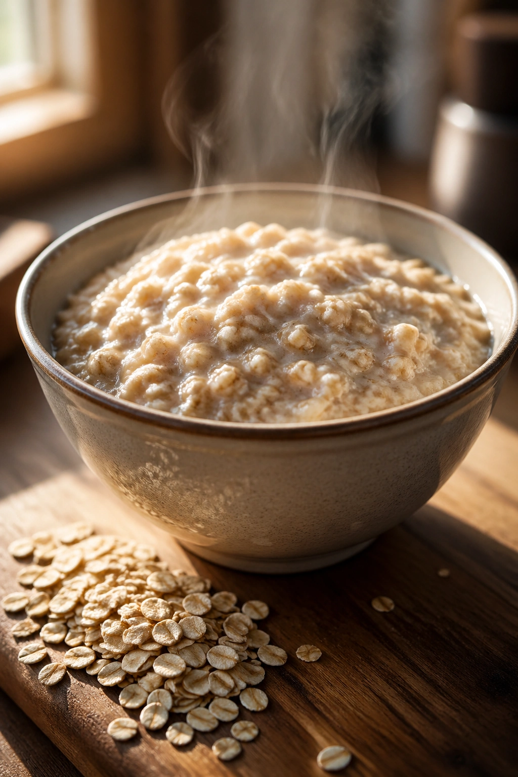 Steaming bowl of creamy oats on a wooden table with natural light
